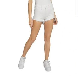 GOOD AMERICAN Womens Denim Raw Hem High Low Cutoff Jean Shorts White Sz 14/32